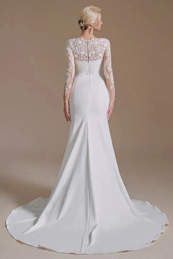Elegant Long Mermaid Jewel Satin Lace Wedding Dress with Sleeves
