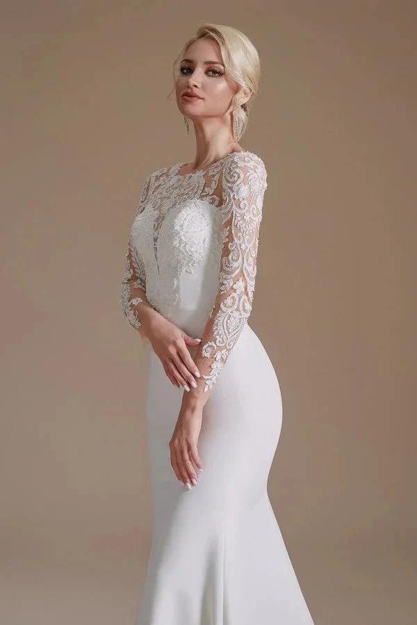 Elegant Long Mermaid Jewel Satin Lace Wedding Dress with Sleeves
