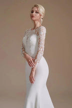 Elegant Long Mermaid Jewel Satin Lace Wedding Dress with Sleeves