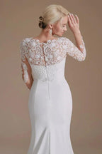Elegant Long Mermaid Jewel Satin Lace Wedding Dress with Sleeves