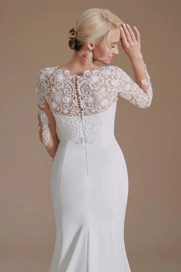 Elegant Long Mermaid Jewel Satin Lace Wedding Dress with Sleeves