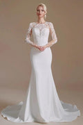 Elegant Long Mermaid Jewel Satin Lace Wedding Dress with Sleeves
