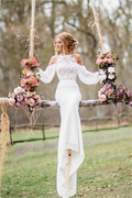 Elegant Long Mermaid Lace Chiffon Wedding Dress with Sleeves