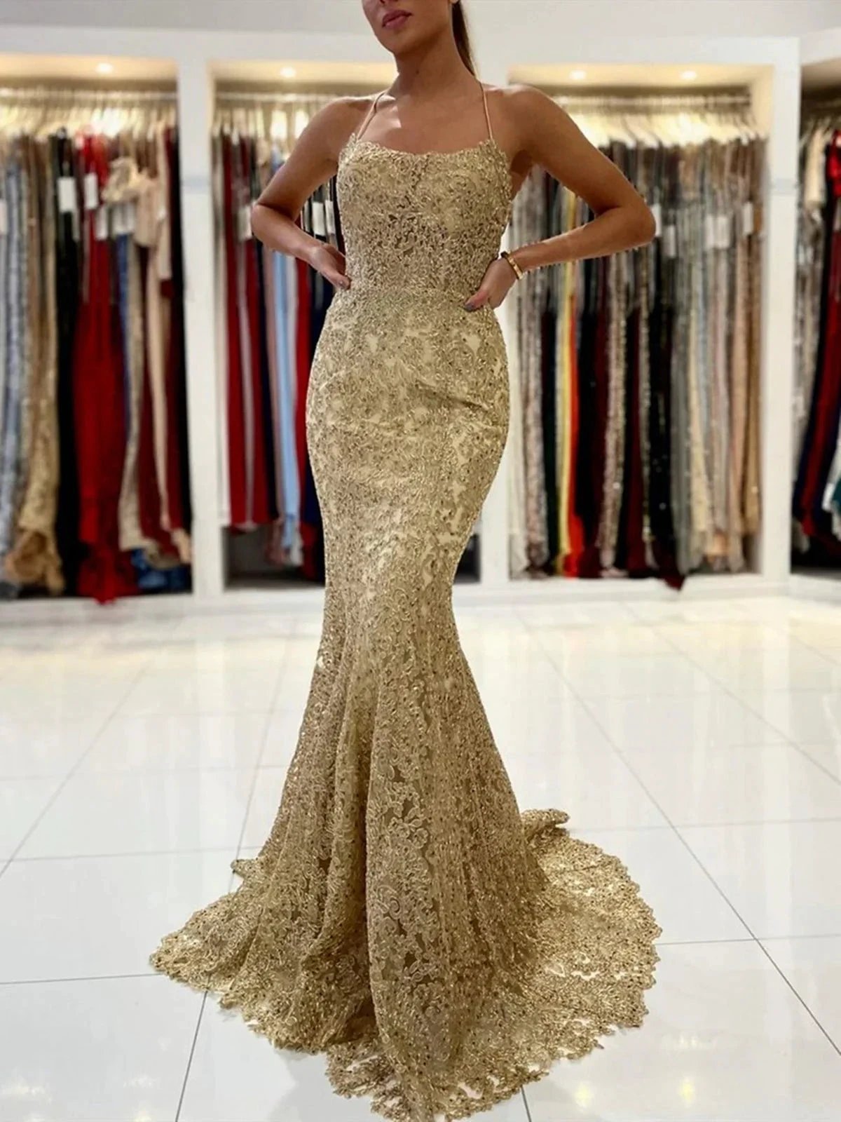 Elegant Long Mermaid Lace Open Back Graduation Prom Dresses