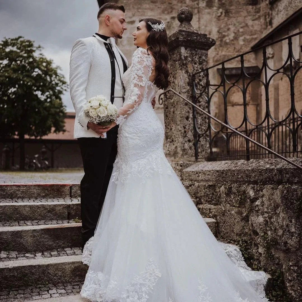 Elegant Long Mermaid Lace Open Back Wedding dresses with Sleeves