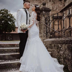 Elegant Long Mermaid Lace Open Back Wedding dresses with Sleeves