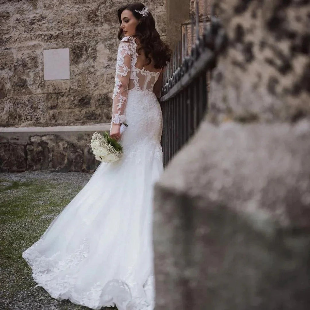 Elegant Long Mermaid Lace Open Back Wedding dresses with Sleeves