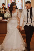 Elegant Long Mermaid Lace Open Back Wedding dresses with Sleeves