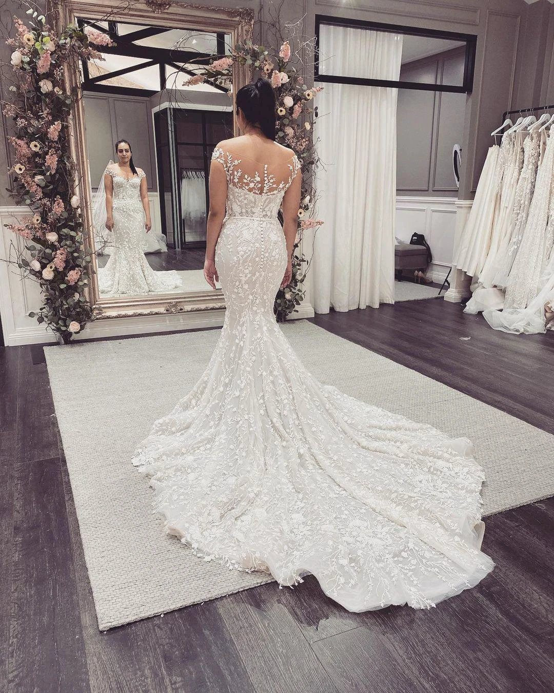 Elegant Long Mermaid Off-the-Shoulder Appliques Lace Backless Wedding Dress