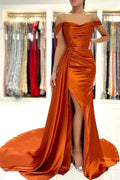 Elegant Long Mermaid Off-the-shoulder Stretch Satin Prom Dress with Slit