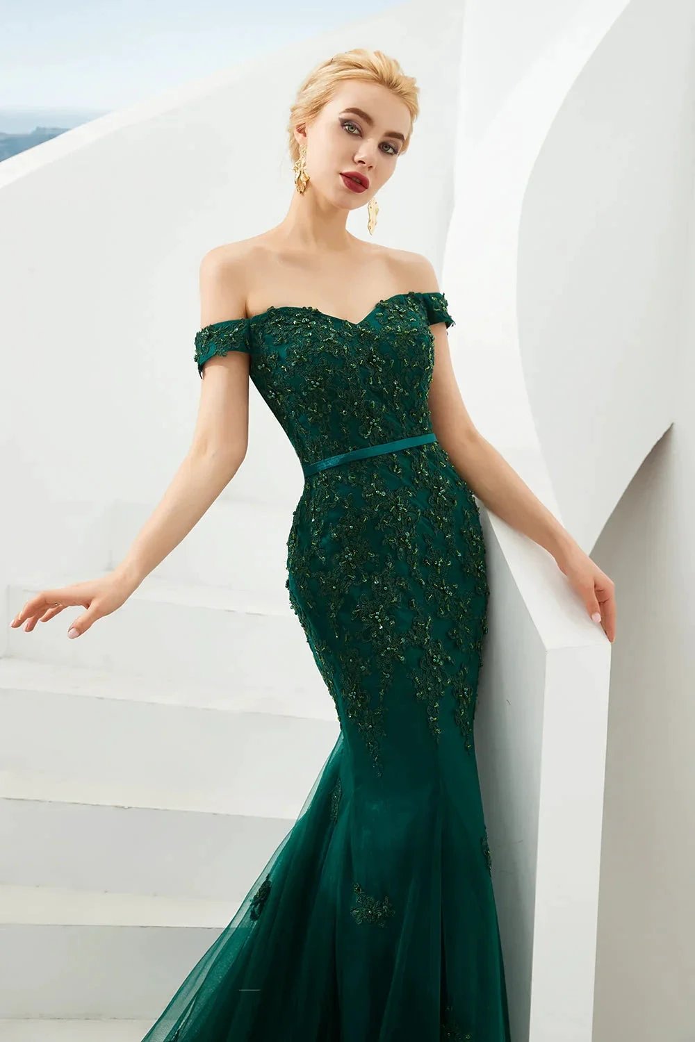 Elegant Long Mermaid Off-the-shoulder Tulle Lace Prom Dress