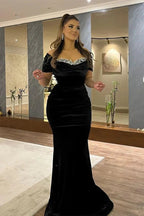 Elegant Long Mermaid Off the Shoulder Velvet Formal Prom Dresses with Sleeves