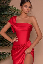 Elegant Long Mermaid One Shoulder Satin Formal Prom Dress with Slit