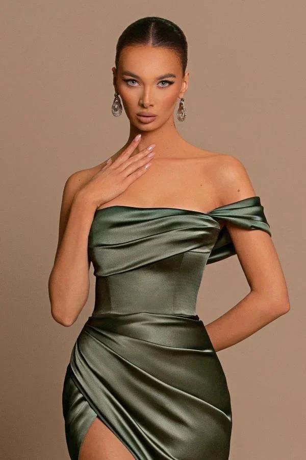 Elegant Long Mermaid One Shoulder Satin Formal Prom Dresses with Slit