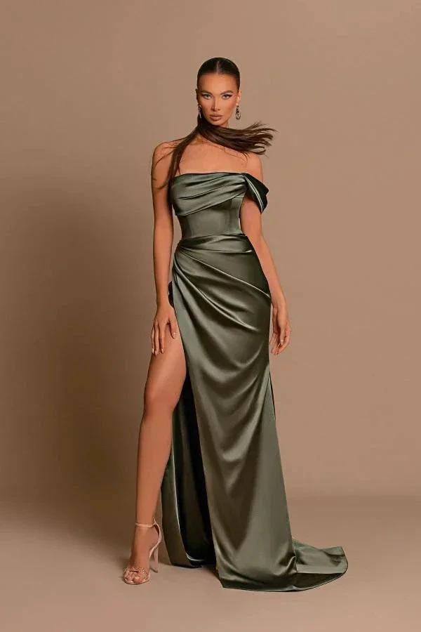 Elegant Long Mermaid One Shoulder Satin Formal Prom Dresses with Slit