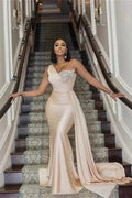 Elegant Long Mermaid One Shoulder Sequined Prom Dress With Ruffles