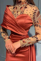 Elegant Long Mermaid Ruffles Satin Beading Tulle Prom Dress with Sleeves