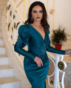 Elegant Long Mermaid V-neck Beading Prom Dress With Long Sleeves