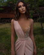 Elegant Long Mermaid V-neck Beading Prom Dress With Slit
