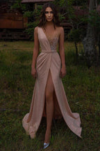 Elegant Long Mermaid V-neck Beading Prom Dress With Slit