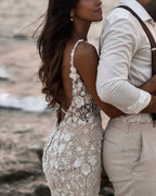 Elegant Long Mermaid V-neck Floral Lace Backless Wedding Dress