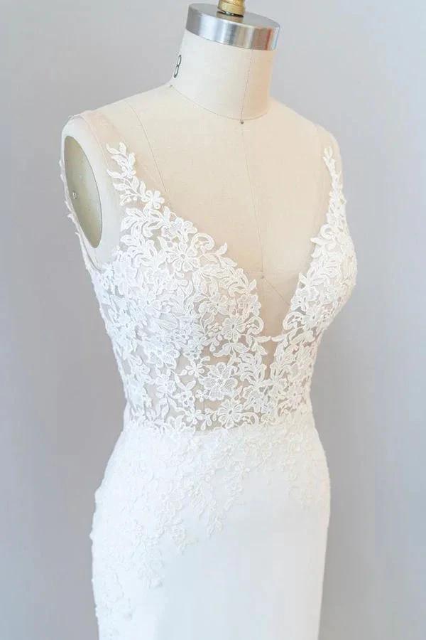 Elegant Long Mermaid V-neck Lace Backless Wedding Dress