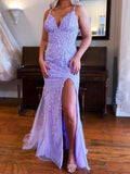 Elegant Long Mermaid V-neck Lace Formal Prom Dresses with Slit