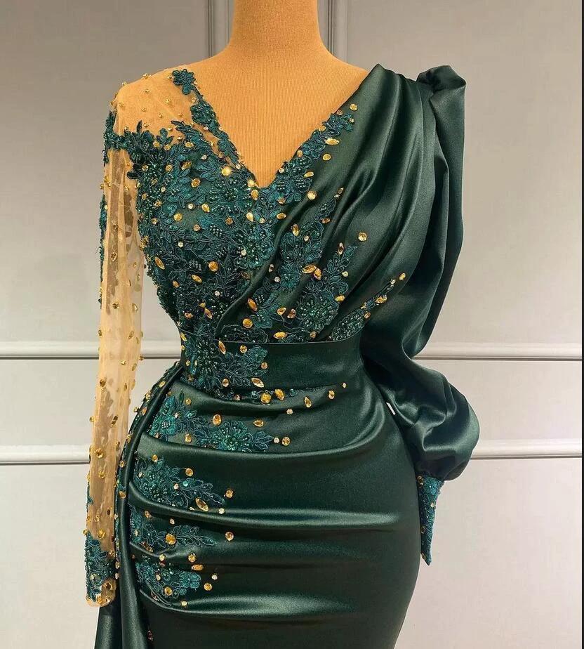 Elegant Long Mermaid V-neck Satin Dark Green Prom Dress