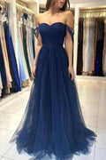 Elegant Long Navy Blue Off-the-shoulder A-line Sleeveless Prom Dresses