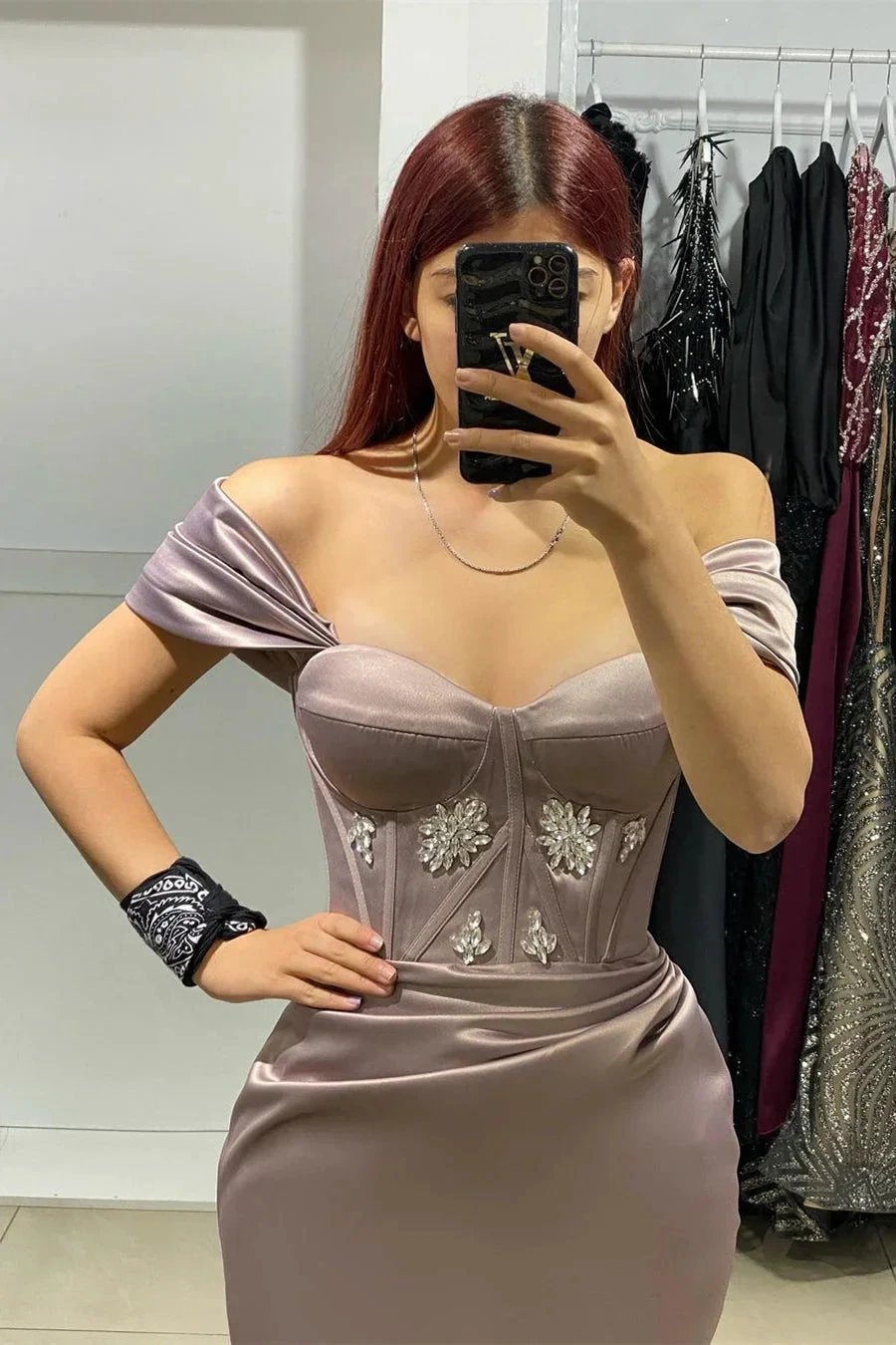 Elegant Long Off-The-Shoulder Satin Mermaid Prom Dress With Rhinestone
