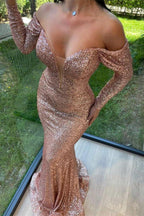 Elegant Long Off-the-shoulder Sequined Mermaid Evening Dresses With Long Sleeves