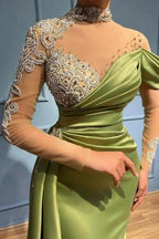 Elegant Long Sage High Neck Mermaid Evening Dresses With Long Sleeves