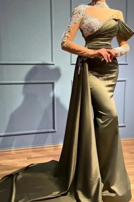 Elegant Long Sage High Neck Mermaid Evening Dresses With Long Sleeves