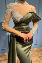 Elegant Long Sage High Neck Mermaid Evening Dresses With Long Sleeves