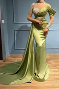 Elegant Long Sage High Neck Mermaid Evening Dresses With Long Sleeves