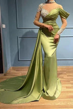 Elegant Long Sage High Neck Mermaid Evening Dresses With Long Sleeves