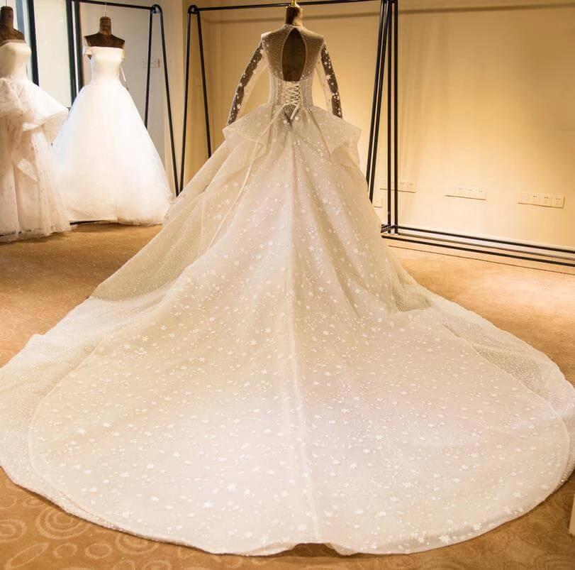 Elegant Long Sleeve Beading Lace-up Tulle Ball Gowns Sparkle Wedding Dress