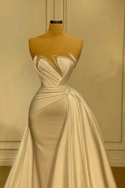 Elegant Long White Glitter Sleeveless Mermaid Wedding Dresses With Lace