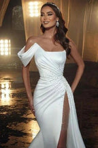 Elegant Long White One Shoulder Sleeveless Mermaid Wedding Dresses With Glitter
