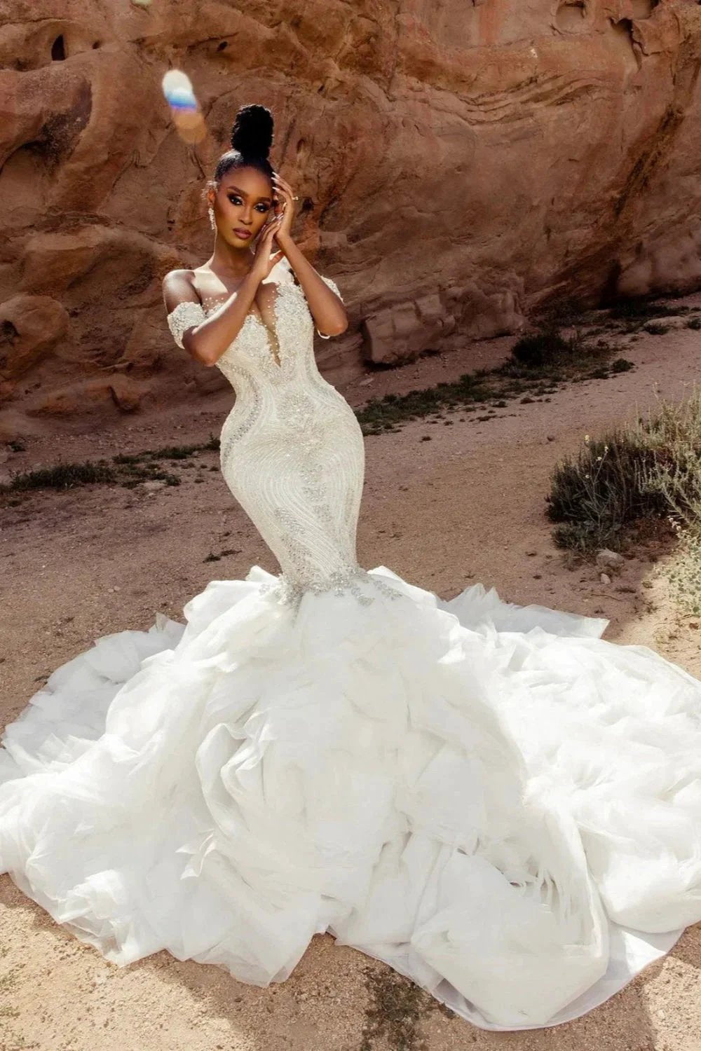 Elegant Mermaid Lace Off-The-Shoulder Sleeveless White Wedding Dresses With Beading