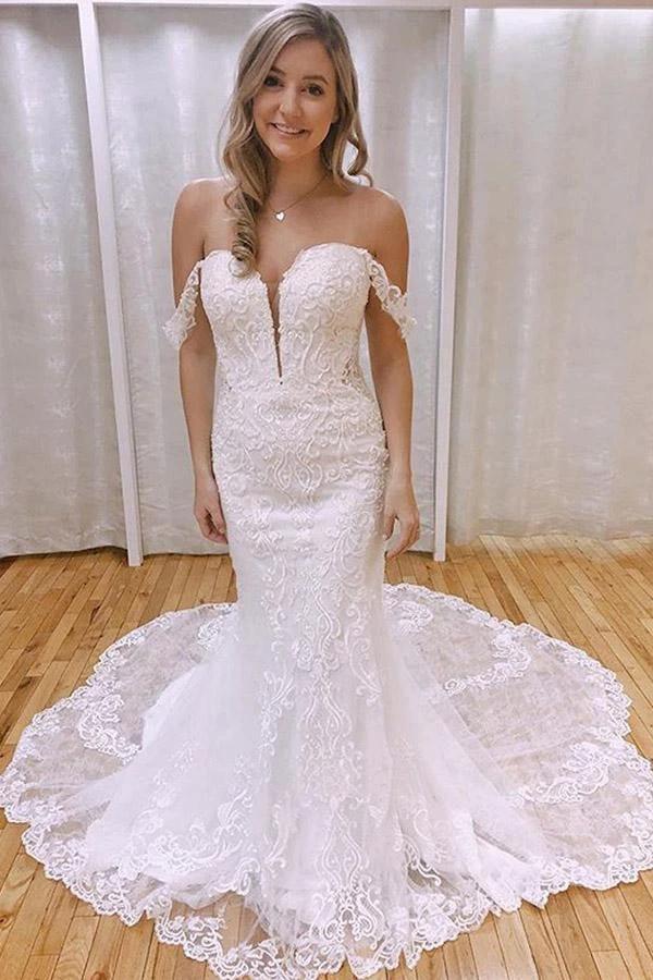Elegant Mermaid Off the Shoulder Lace Wedding Dresses with Appliques WD527