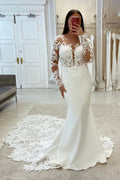 Elegant Mermaid V-neck Long Sleeves Lace Wedding Dress With Train