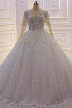 Elegant Princess A-line Tulle V-neck Lace Wedding Dress With Long Sleeves