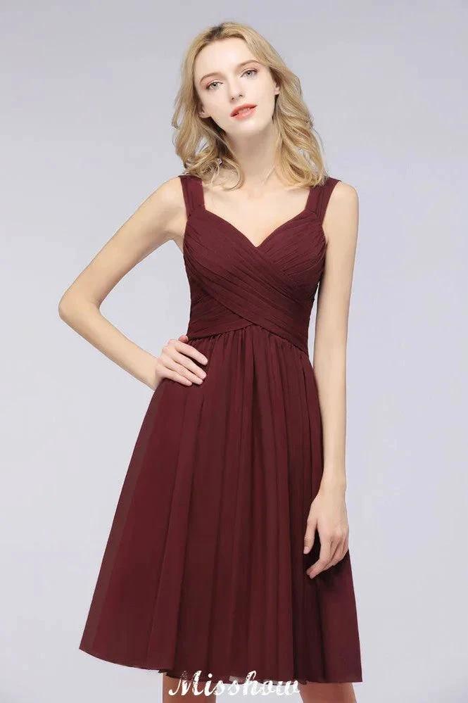 Elegant Ruffles Straps Short Prom Dresses | A-Line Sleeveless Knee Length Evening Dresses