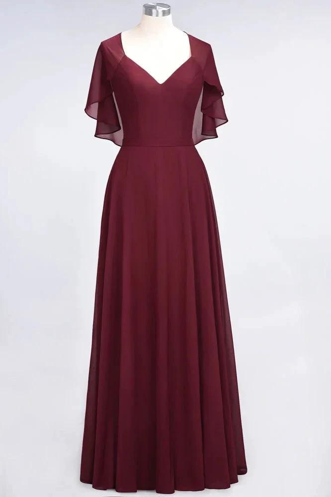 Elegant Satin V-Neck Short Sleeve Princess Bridesmaid Dress Ruffle Chiffon Wedding Guest Dress