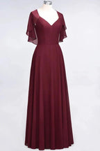 Elegant Satin V-Neck Short Sleeve Princess Bridesmaid Dress Ruffle Chiffon Wedding Guest Dress