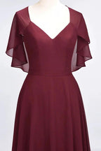Elegant Satin V-Neck Short Sleeve Princess Bridesmaid Dress Ruffle Chiffon Wedding Guest Dress