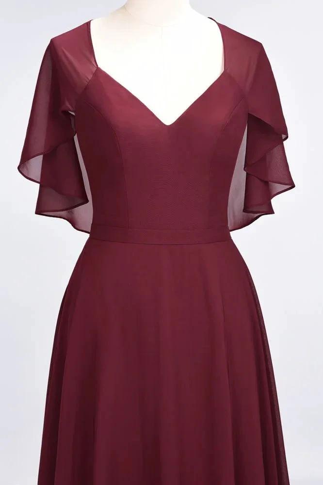 Elegant Satin V-Neck Short Sleeve Princess Bridesmaid Dress Ruffle Chiffon Wedding Guest Dress