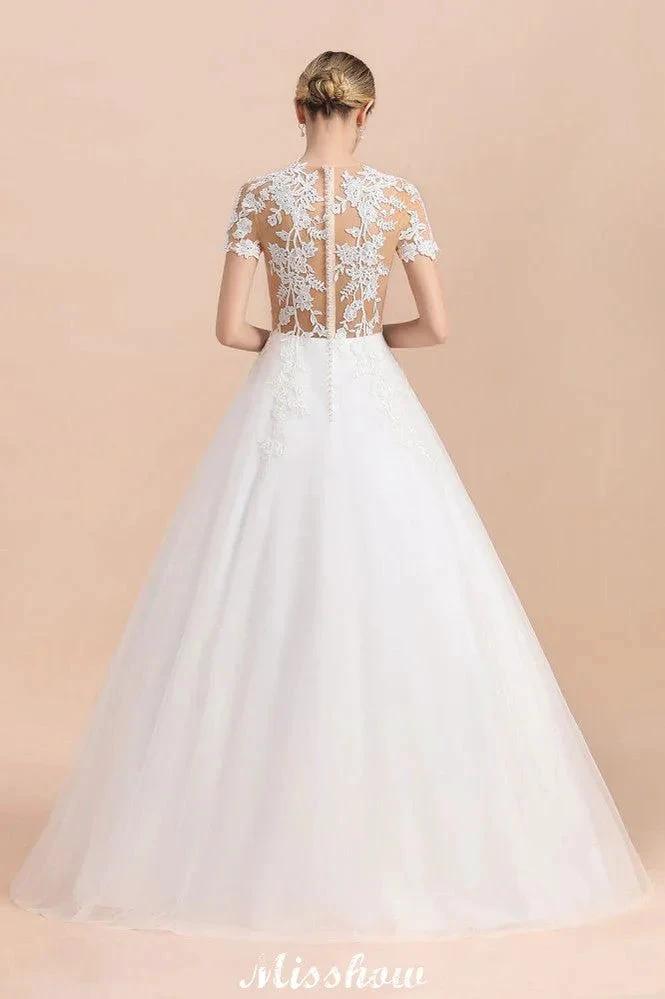 Elegant Short Sleeve Ball Gown White Lace Appliques Wedding Dress