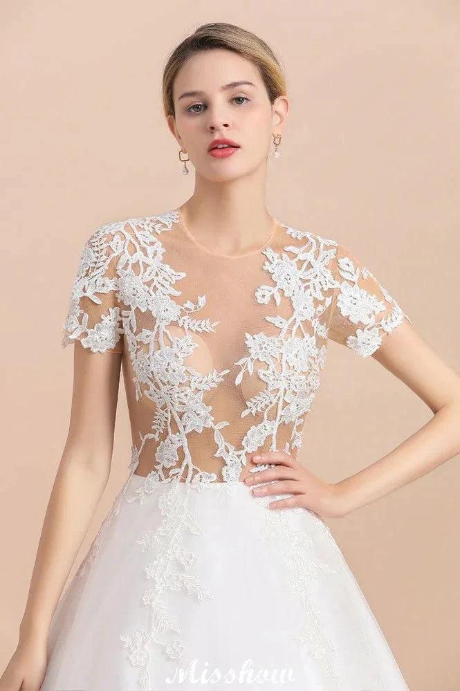 Elegant Short Sleeve Ball Gown White Lace Appliques Wedding Dress